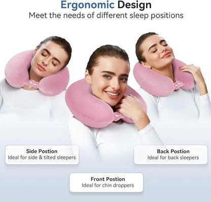 Cooling Travel Pillow, Neck Pillow Airplane Memory Foam Double-Side with Sleep Mask Earplugs, Soft & Support Airplane Pillow for Travelling Plane Car Train Home Use, Pink