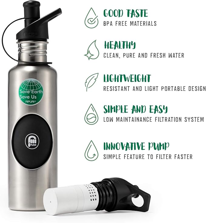 AdventurePro Stainless Steel Filter Water Bottle - 27oz, Classic Power Pump, Ideal for Home,Office,Outdoor Activities,Camping,Hiking,Backpacking,Emergency Preparedness, Sports Cap Included.