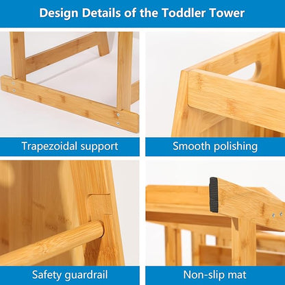 Toddler Tower with Safety Belt, Bamboo Learning Tower, Adjustable Height Toddler Step Stool Kitchen Helper for Kitchen&Bathroom Counter