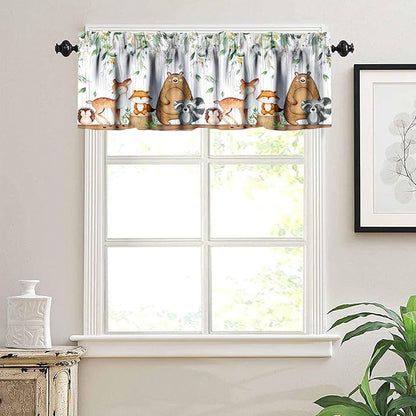 Woodland Animals Kitchen Curtain Valances, Watercolor Forest Animals Valances Set, Bear Deer Fox Wolf Set Hunting Kitchen Curtains Set for Kitchen Cafe Living Room Bedroom Decor 54x18 Inch, 1 Panel