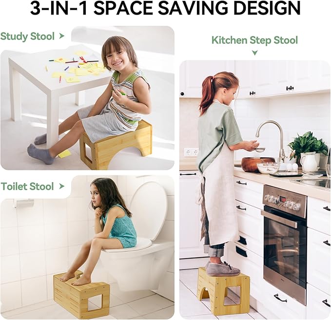 AmazerBath Potty Training Toilet Stool for Toddler, 7” Sturdy Bamboo Small One Step Stools for Adults, 3-in-1 Space Saving Baby & Kids Squat Poop Foot Stool for Bathroom Sink, Kitchen Counter, Closet