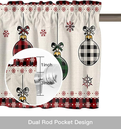 Vandarllin Christmas Kitchen Curtains Valances for Windows Vintage Buffalo Plaid Christmas Balls Rod Pocket Window Treatment for Kitchen/Living Room/Bedroom/Bathroom,60" X 18" -1 Panel, Farmhouse