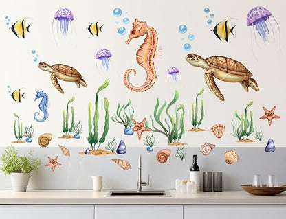 4 Sheets Ocean Animals Wall Decals Under The Sea World Wall Decals Removable DIY Turtles Seahorses Jellyfish Fish Seaweed Decor for Kids Bedroom Bathroom Living Room Playroom Kitchen Decoration