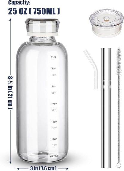 NiHome 25oz/750ml Clear Glass Water Bottle with 2 Caps & Stainless-Steel Straw, Temperature Resistant Durable High Borosilicate Glass Drinkware with Leak-Proof Seal for Travel, Gym, School & Home Use