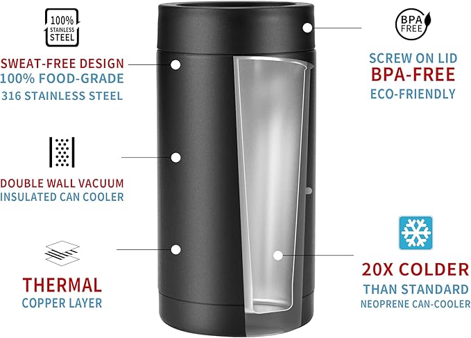 16oz Stainless Steel Double Wall Insulated Can Cooler, Beer Bottle Holder, Bottle or Tumbler for Slim Beer & Hard Seltzer Cans (BLACK)