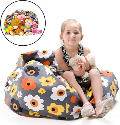 YuppieLife Kids Storage Bean Bag Cover（No Filling）Toy Organizer|Carrying Handle Sofa|Available for Kids and Teenager|Cuddle Chair|Machine Washable and Durable（27“,Grey Flora）