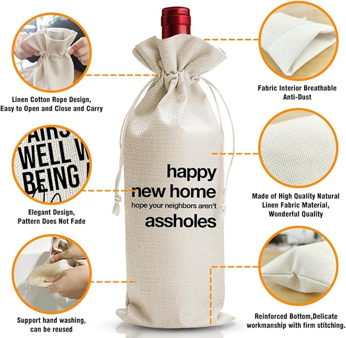 DOI-LANEE Funny Get Home Wine Bag, Housewarming Wine Gift Bag for Homeowner Women, First New House Gifts for Neighbor, Hope Your Neighbors Aren't Assholes, Realtor Gifts to Client, New House Gift