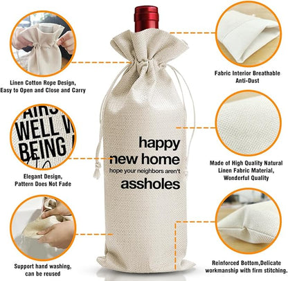 DOI-LANEE Funny Get Home Wine Bag, Housewarming Wine Gift Bag for Homeowner Women, First New House Gifts for Neighbor, Hope Your Neighbors Aren't Assholes, Realtor Gifts to Client, New House Gift