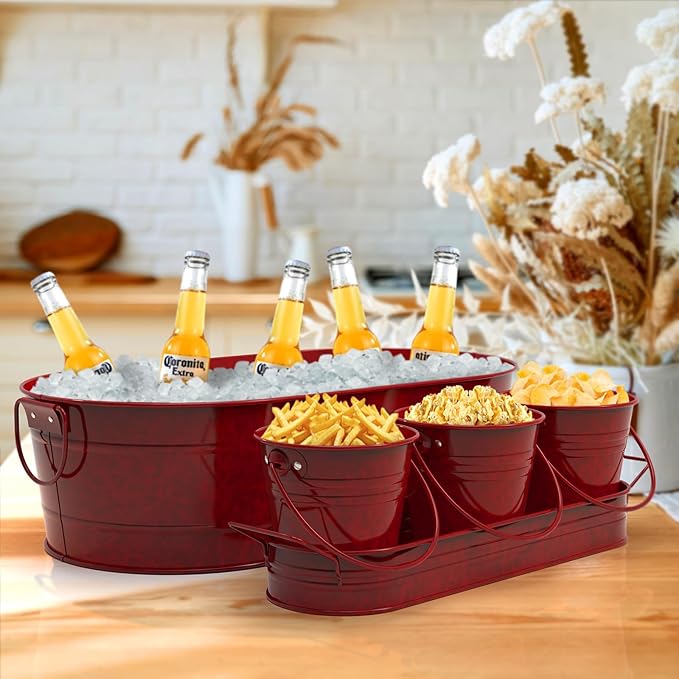 Oval Ice Bucket with 3 Serve Buckets Set - Condiments, Nuts, Ice Cream, Snacks, Candy Serving Bowls, Metal Drink Cooler Beverage Tub, Chill Wine & Beer, 4 Gallons for Home Parties, Red/Wire handle