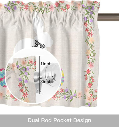 Easter Day Valances Kitchen Curtains for Windows,Easter Rabbit Bunny Eggs Rod Pocket Valances Blue Pink Spring Floral Rustic Home Decoration Short Curtains for Bedroom/Living Room,54" X 18" -1 Panel