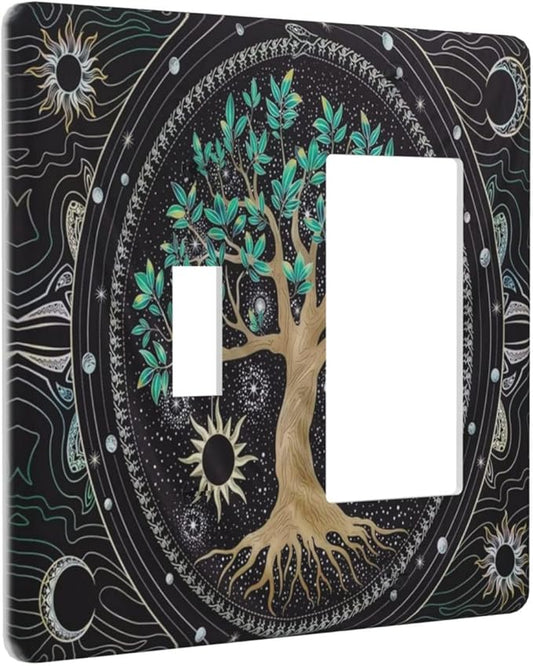 Tree of Life Blackground 2 Gang Single Toggle Rocker Combination Light Switch Cover Hippie Sun Moon Star Decorative Wall Plate Cover Electrical Faceplate for Bathroom Bedroom Kitchen Decorate