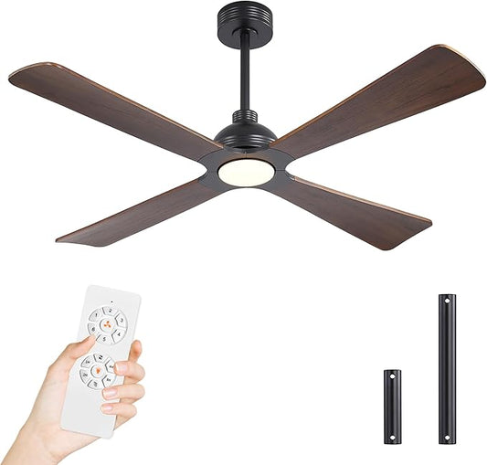 WINGBO 56 Inch DC Ceiling Fan with Lights and Remote, 4 Solid Wood Blades, 3CCT, 6-Speeds Reversible DC Motor, Modern Ceiling Fan for Bedroom Living Room Kitchen, Black and Walnut