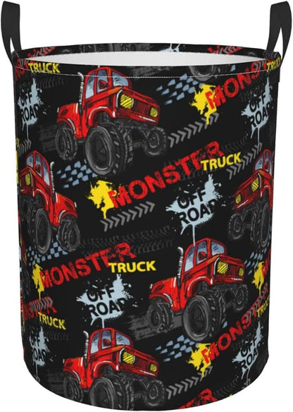 Cute Monster Trucks Cars Round Laundry Hamper Storage Basket Toys Clothes Organizer Bin For Home Bathroom Bedroom Dorm Nursery, 38l