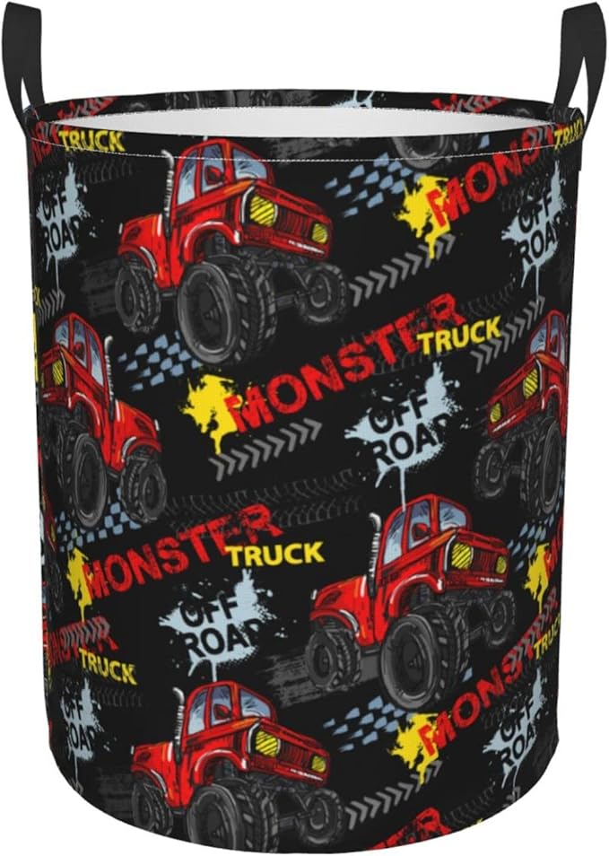 Cute Monster Trucks Cars Round Laundry Hamper Storage Basket Toys Clothes Organizer Bin For Home Bathroom Bedroom Dorm Nursery, 62l