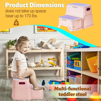 2 Step Stool for Kids, Anti-Slip Toddler Toilet Potty Training Stool with Handles, Two Step Stool for Bathroom, Kitchen, Bedroom, Living Room(Pink)