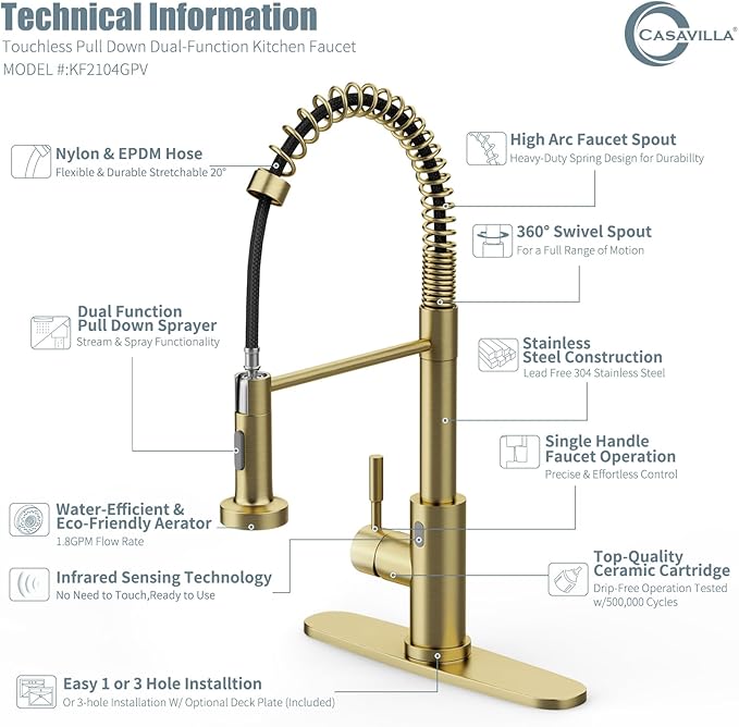 Touchless Kitchen Faucet, Brushed Gold Kitchen Faucet with Soap Dispenser and Deck Plate, Motion Sensor Smart Hands-Free Activated Single Handle Faucet for Camper Farmhouse RV Kitchen Sink