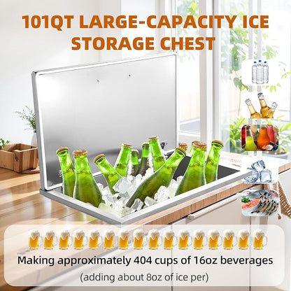 Upgraded Drop in Ice Chest, Stainless Steel Ice Cooler, Commercial Ice Bin with Cover, Outdoor Kitchen Ice Bar, Drain-Pipe and Drain Plug Included, for Cold Wine Beer