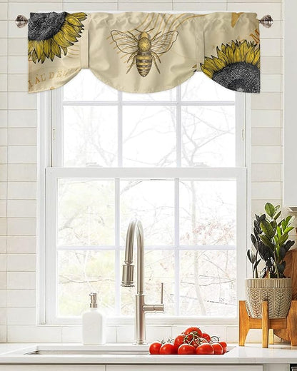 Vintage Sunflower Bee Blackout Tie Up Valance Curtains for Kitchen Windows Summer Window Toppers Balloon Shades for Living Room/Bathroom/Bedroom,1 Panel,60" X 18" Yellow