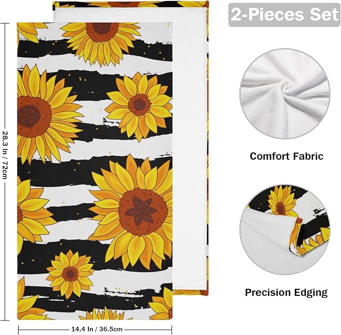 Towel Sets 2 Pack, Sunflowers on Black Striped Bath Hand Towels Soft Absorbent Quick Dry for Bathroom Beach Kitchen Gym Travel