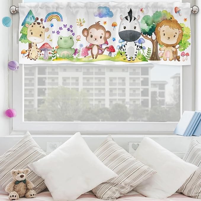 Woodland Animals Rainbow Valances 54''x18'' Baby Toddler Nursery Bedroom Decor Short Curtains Lion Giraffe Zebra Monkey Frog Forest Rod Pocket Window Drapes for Kitchen Barthroom Living Room 1 Pack