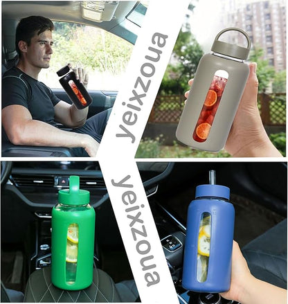 25oz Glass Water Bottles，glass tumbler with straw and 2 lid，Glass Cup with Lid and Straw(BPA Free)，Water Bottle with Handle for Outdoor Sports and Home Use.