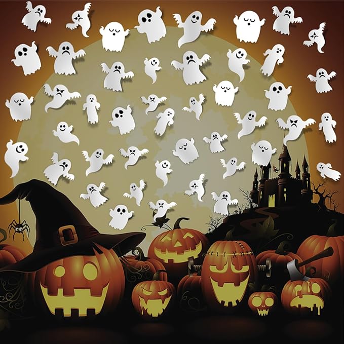 42Pcs Halloween Wall Decor Decals 3D Cute Ghost Wall Stickers Self-Adhesive Decoration White Small Ghost Wall Decals Halloween Party Supplies for Goth Home Door Room Outdoor Window Decor Accessories