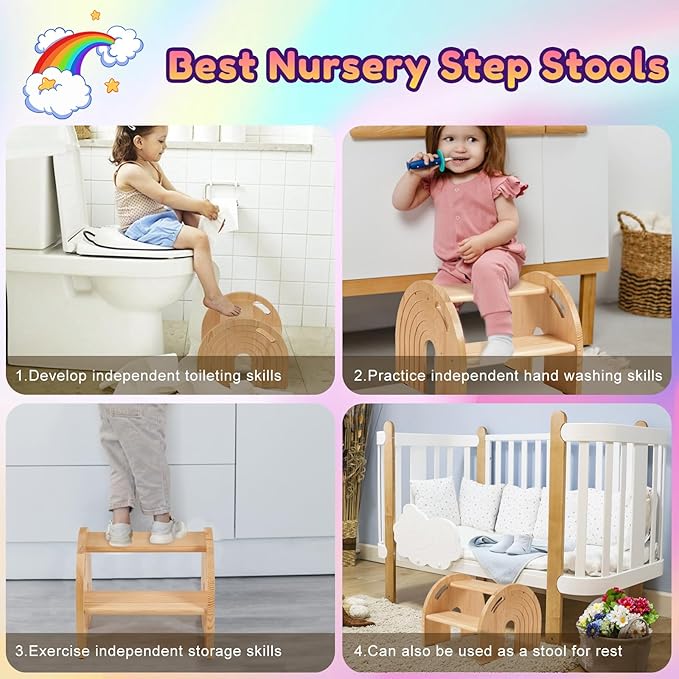 Wooden 2 Toddler Step Stool for Kids Portable Wooden Kids Step Stool with Handles for Bathroom Kitchen Toilet Potty Training