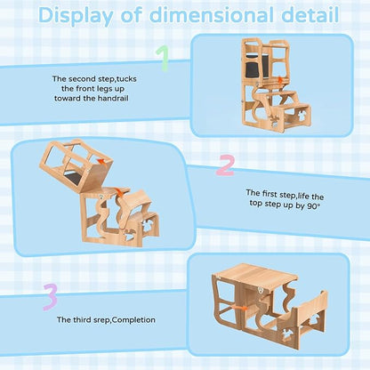 Toddler Standing Tower, Kid Step Stool Kitchen Stool Helper-Montessori with Chalkboard,3 in1 Folding Kitchen Tower Stool with Back, Learning Wooden Tower for Kitchen, Free Hands, Easy Assembly