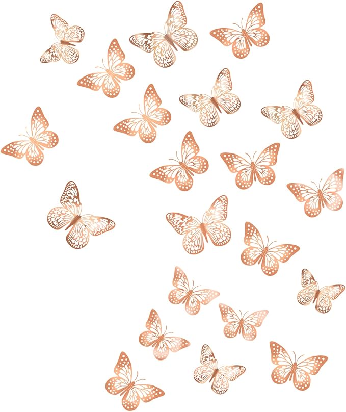 3D Butterfly Wall Stickers Removable Mural Decor, 24pcs 2styles 3 Sizes Rose Gold Butterfly for Bedroom Baby Girl Boy Room Kitchen Birthday Party Classroom Wedding Cake Decoration DIY Gift(Rose Gold)