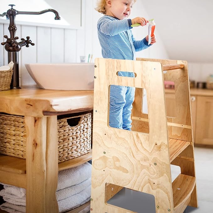 Toddler Kitchen Stool, Toddler Tower with Safety Rail, Toddler Stool for Kitchen Counter, Adjustable Height Little Helper Tower, Kitchen Stool for Toddlers 18 Months and Older, Natural Color