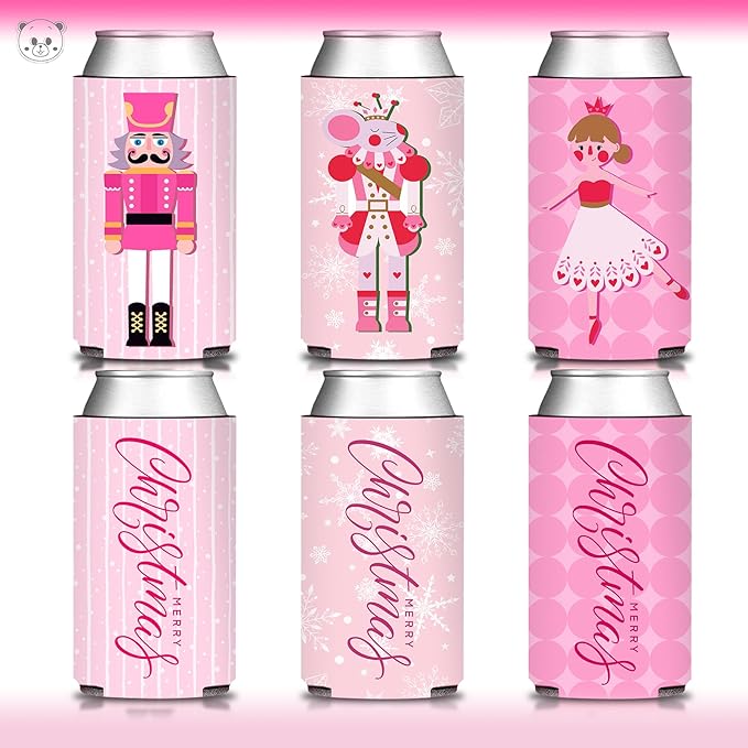 12 Pcs Pink Christmas Party Can Coolers - Funny Christmas Nutcrackers Slim Can Sleeve for Xmas Holiday Gathering Party Decorations Supplies