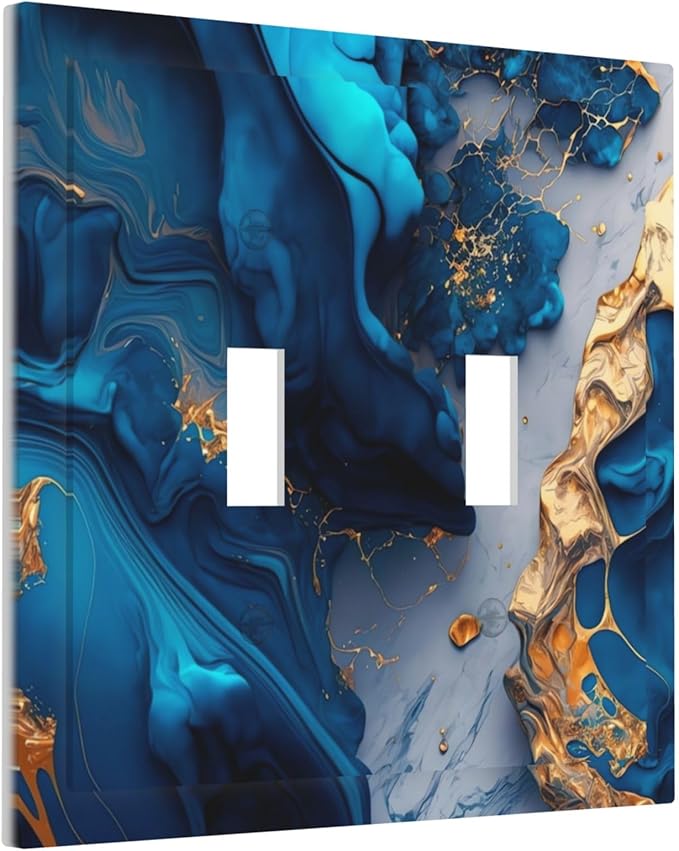 Abstract Gold and Blue Marble Double Toggle Light Switch Covers 2 Gang Wall Plate Dual Decorative Switchplate Electrical Faceplate for Bathroom Country Kitchen Bedroom Decor, 4.9" x 5"