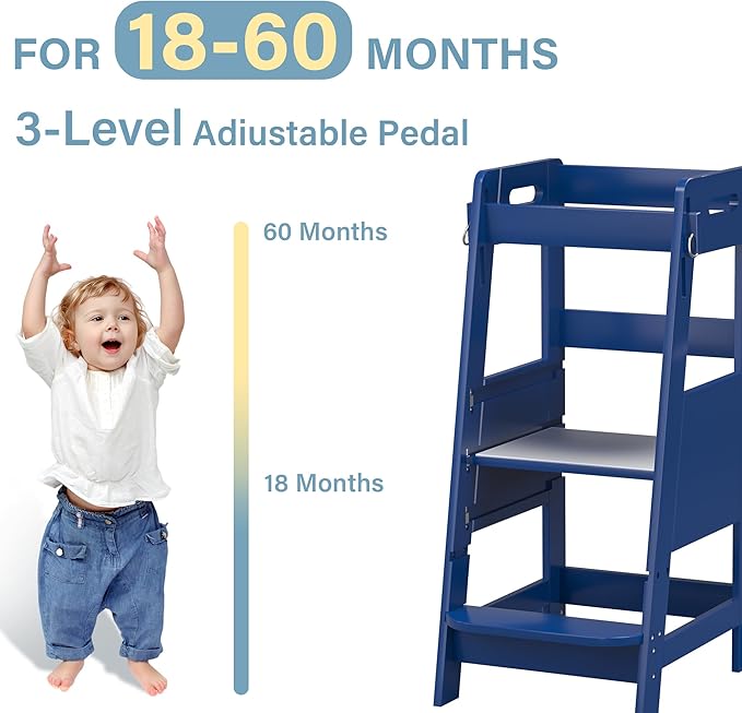 TOETOL Bamboo Toddler Learning Step Stool 3 Height Adjustable Kitchen Counter Standing and Bathroom Sink Tower Helper Stool for Kids with Safety Rail(Navy Blue)