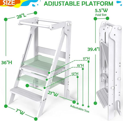 Toddler Tower Foldable, Montessori Kitchen Step Stool Helper, Learning Stool with Safety Rail & Drawing Board, 3 Adjustable Heights Standing Tower for Counter Bathroom Sink (White)