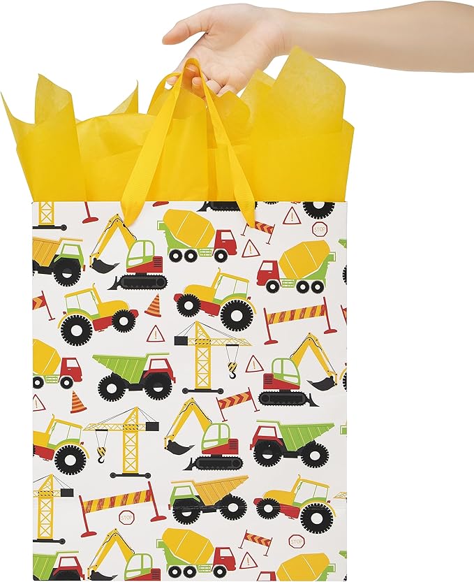 13" Large Vehicle-themed Gift Bags Set with Greeting Card and Tissue Paper (Yellow Car Design) for boys, Construction Kids Birthday Party, Baby boy, Baby Shower, Newborn -10.2”x5.2”x13”, 1 Pcs