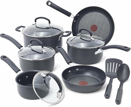 T-fal Ultimate Hard Anodized Nonstick Cookware Set 12 Piece, Oven Broiler Safe 400F, Lid Safe 350F, Kitchen Cooking Set w/ Fry Pans, Saucepans, Dutch Oven, Pots and Pans, Dishwasher Safe, Black