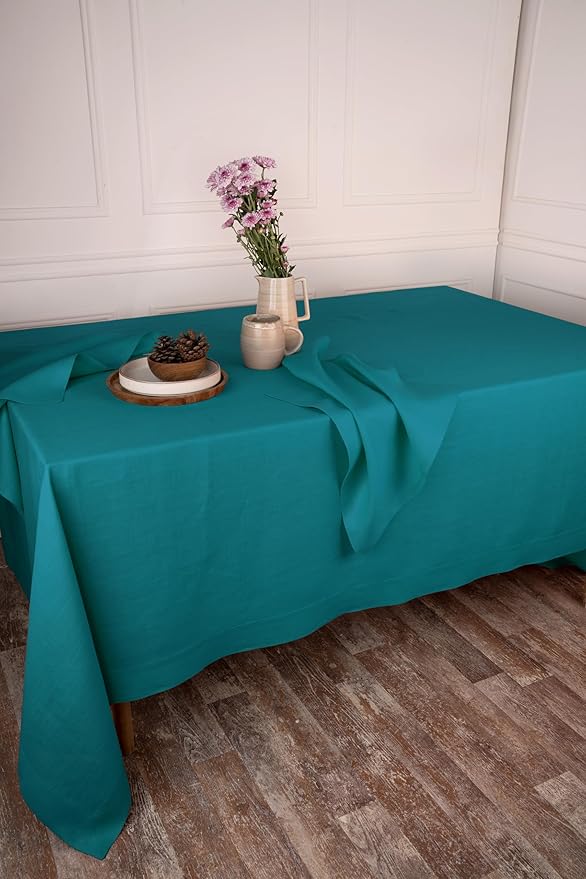 D'Moksha Homes Linen Tablecloth 60 x 156 Inch - 100% Pure Linen Teal Blue Tablecloth - Machine Washable Dining Tablecloth for Rectangle Tables