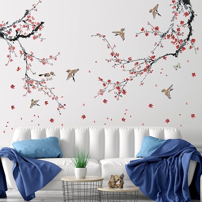 AM AMAONM Removable 3D Ink Style Black Tree Branches and Pink Red Flower Wall Decals Plum Blossom Flowers and Birds Wall Sticker Peel and Stick Wall Decor for Home Walls Living Room Kids Baby Bedroom Nursery Girls Wall Corner Decoration (A)