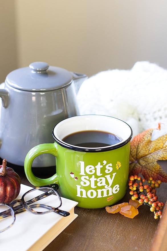 Pearhead Let's Stay Home Mug, Autumn Home Dećor Accessories, Fall Holiday Kitchen Decor, Coffee or Tea Cup, Green, 15oz