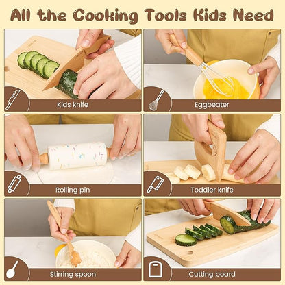 Wooden Kids Safe Knife and Kids Baking Set for Real Cooking, 6 PCS Toddler Montessori Kitchen Tools, Cooking and Baking for Kids Little Chefs