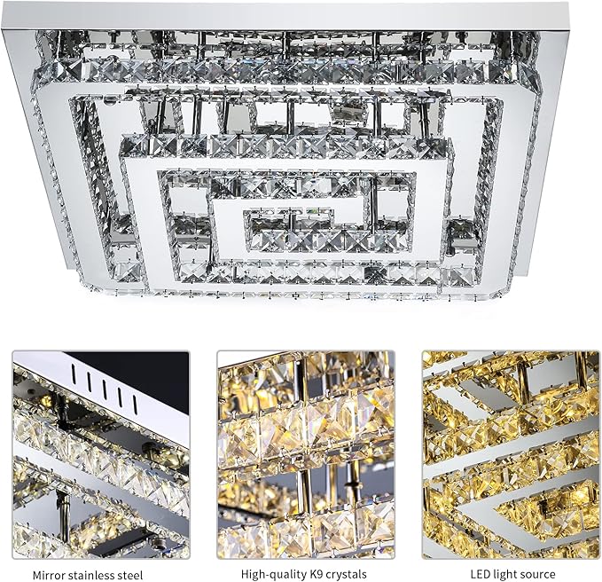 24" Large Elegant Crystal Chandelier, Modern Led 3 Color Dimmable Ceiling Light 2 Layers Square Flush Mount Ceiling Lamp for Bedrooms Dining Rooms Living Room Kitchen Staircase Hallway(Dimmable)