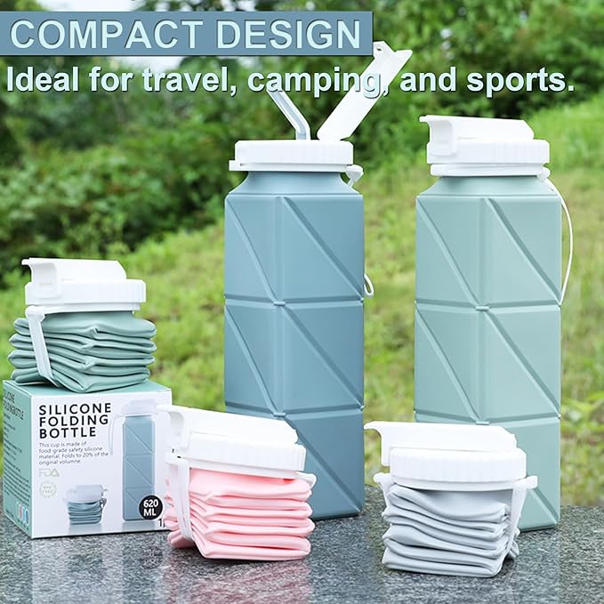 2 pack Collapsible Water Bottles Leakproof Lid–Food-Grade BPA-Free 20.10oz Silicone Travel Bottles–Foldable Lightweight Durable 620ml for Outdoor Travel Gym,Hiking,Camping,Biking Reusable