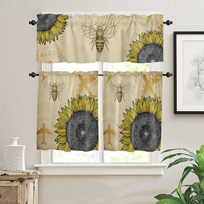 Vandarllin Kitchen Curtains and Valances Set,Vintage Sunflower Bee Window Treatments Tiers Summer Yellow Semi Sheer Half/Short Curtains for Small Windows Cafe/Living Room/Bedroom 54x24 in, 3-Piece