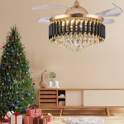 42" Gold Chandelier Ceiling Fans with Lights Crystal Ceiling Fan Chandelier Ceiling Fan with Lights Retractable Blade Fandelier Bladeless Ceiling Fans for Dinning Room Living Room Kitchen Foyer