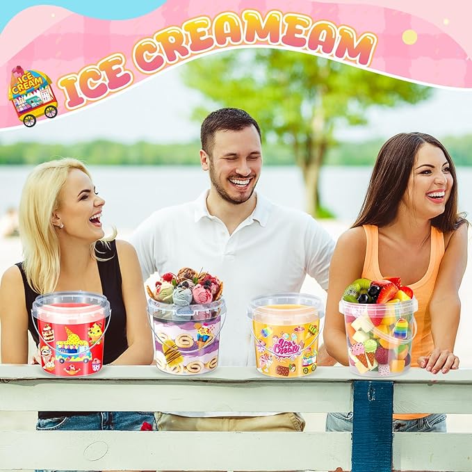 12 Pcs 1L Rum Buckets for Drinks with Lids and Handles 150 Stickers Clear Plastic Ice Cream Tub Cocktail Drink Buckets Reusable Food Containers for Summer Beach Party Supplies