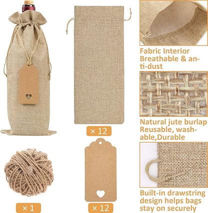 Burlap Wine Bags Wine Gift Bags, 12 Pcs Wine Bottle Bags with Drawstrings, Tags & Ropes, Reusable Wine Bottle Covers for Christmas, Wedding, Birthday, Travel, Holiday Party, Housewarming, Home Storage