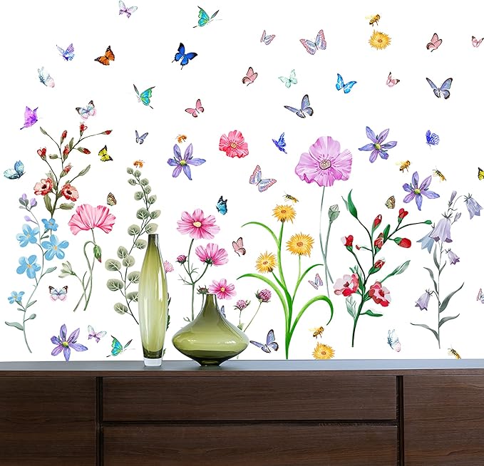 Colorful Flower Wall Stickers with Butterfly and Bee 58 Pcs Removable Flower Wall Decals DIY Peel and Stick Art Wall Decor Mural for Nursery Baby Kids Bedroom Living Room Kitchen Home Decoration