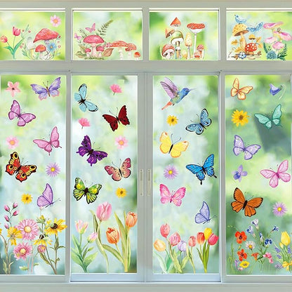 8 Sheets Butterfly Floral Window Clings Summer Floral Static Window Stickers Refrigerator Glass Party Decorations Add Joy to The Season and Home Decoration