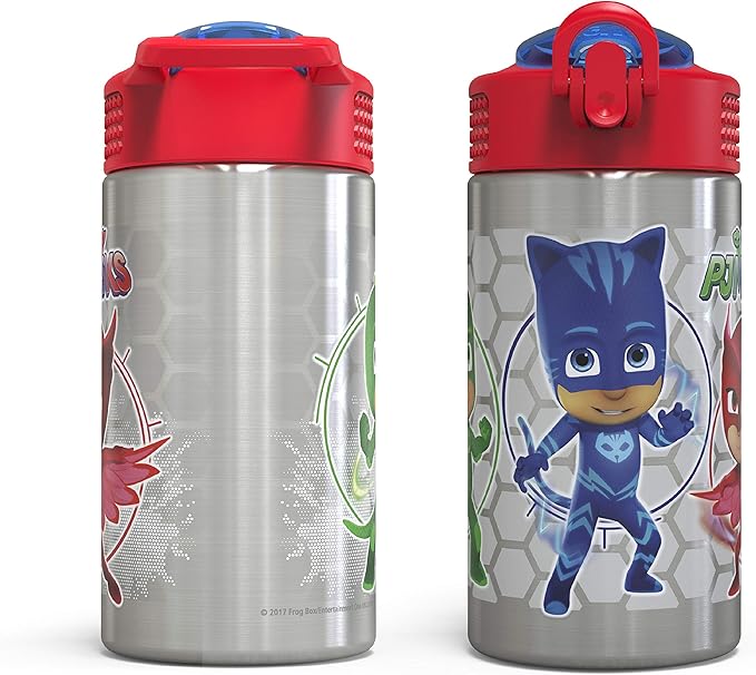 Zak Designs PJ Masks 15.5oz Stainless Steel Kids Water Bottle with Flip-up Straw Spout - BPA Free Durable Design, PJ Masks SS, Catboy, Owlette & Gekko, Single Wall