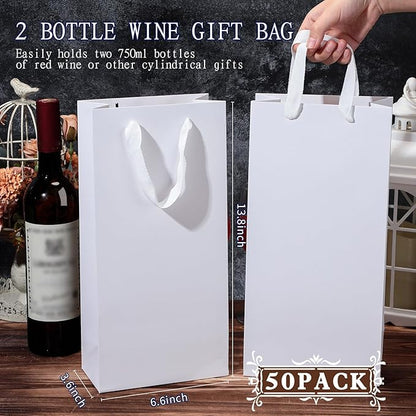 Yeaqee 50 Pack Wine Bags for Wine Double Bottles Gifts Bags 6.6" x 3.6" x 13.8" Craft Wine Bottle Wine Bags Bulk with Handles Reusable Paper Tumbler Wine Bags, Liquor Gift Bag with Handles (White)